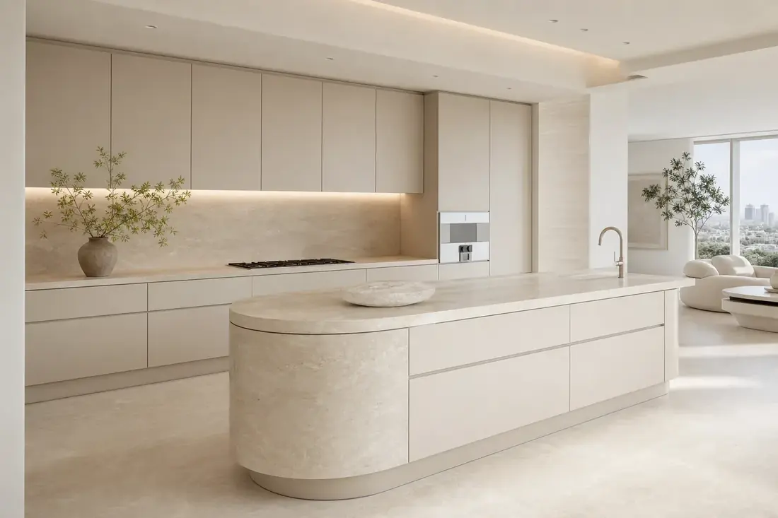 Cuisine minimaliste beige avec finitions pierre