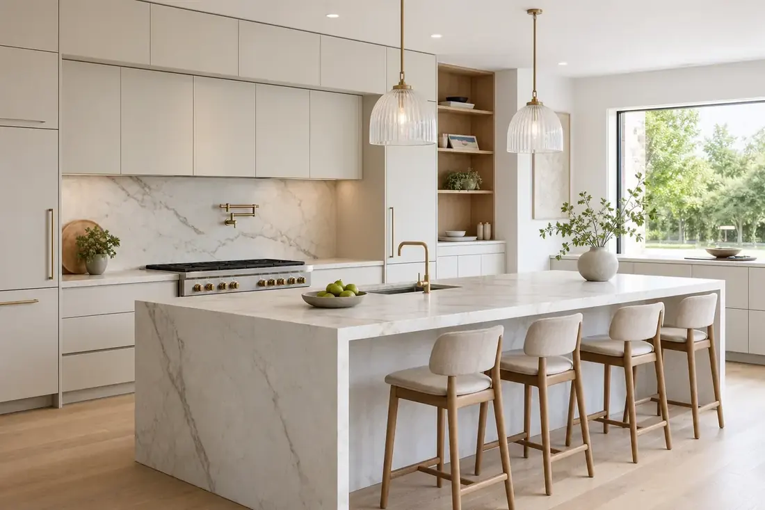 Cuisine sur mesure moderne avec îlot central en marbre blanc