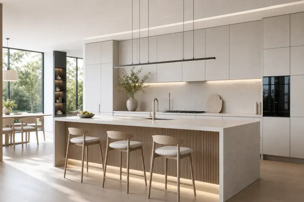Cuisine contemporaine lumineuse illustrant les tendances cuisine sur mesure